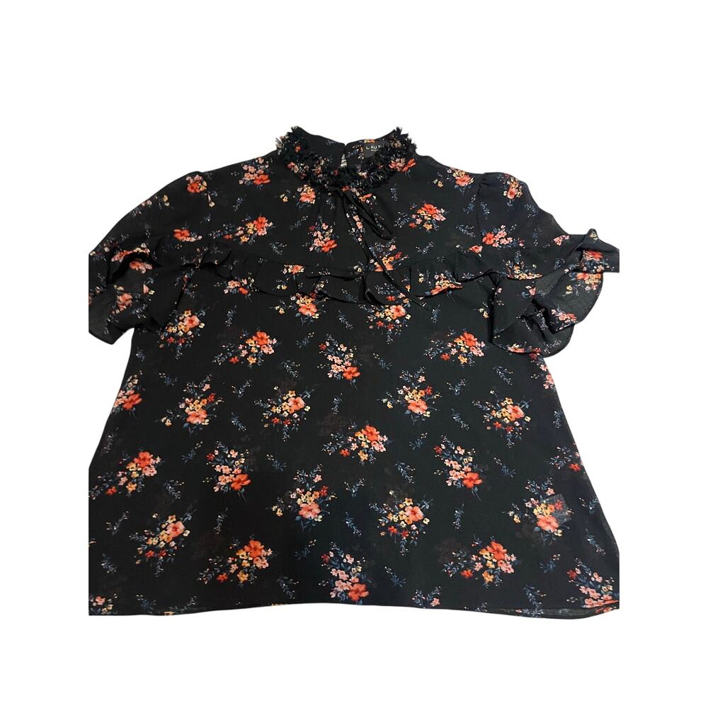 Laundry by Shelli Segal Black Floral Sheer Ruffle Blouse Top XL NWT/EUC